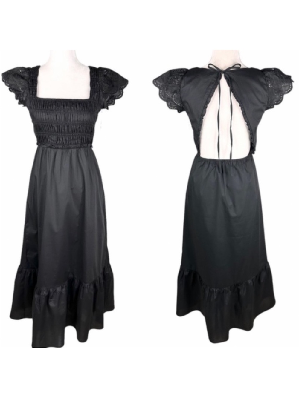 Jason Wu Black Smocked Open Back Maxi Dress Eyelet Flutter Sleeve Cottagecore S